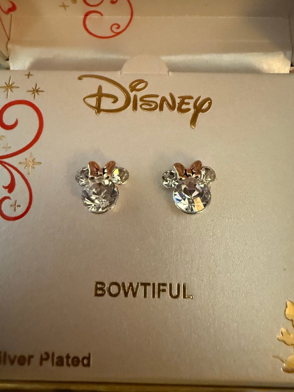 Disney Minnie Mouse Bowtiful Crystal Stud Earrings Fine Silver Plated New Box